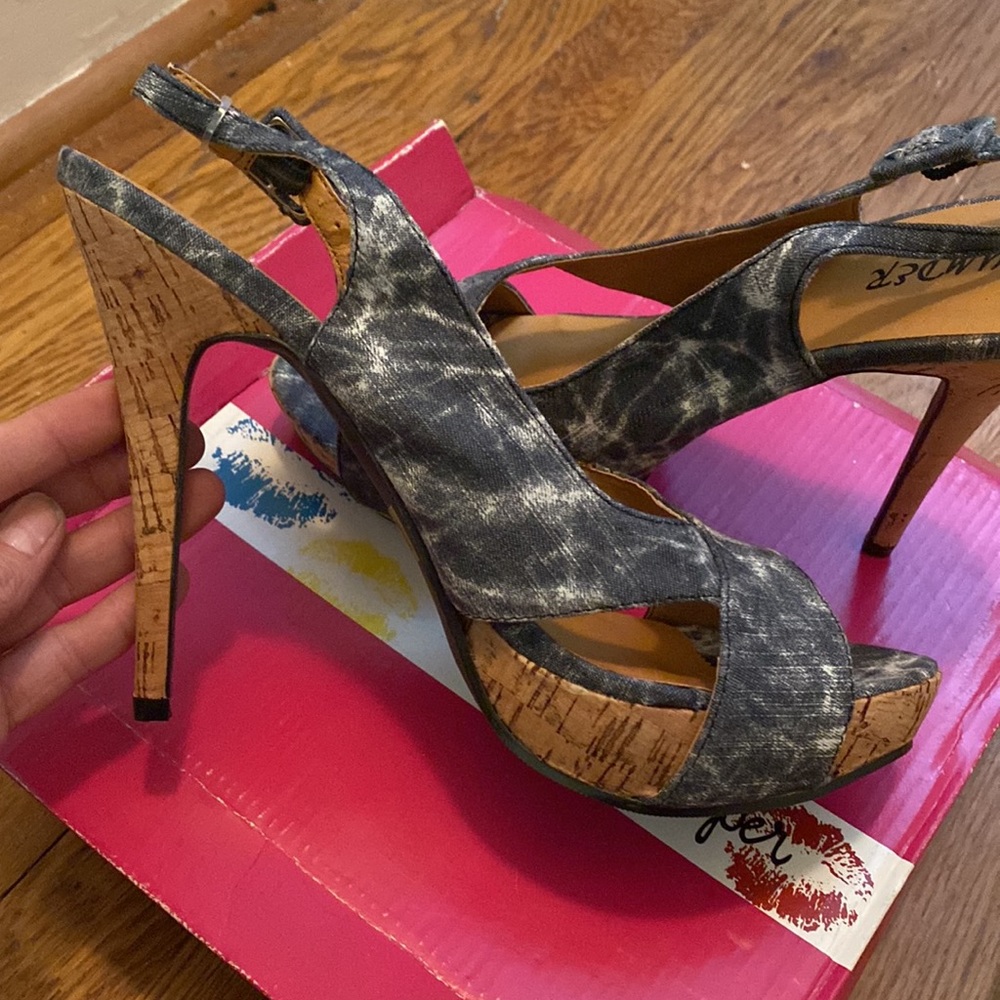 New Bumper denim and cork heels pumps open toe shoe